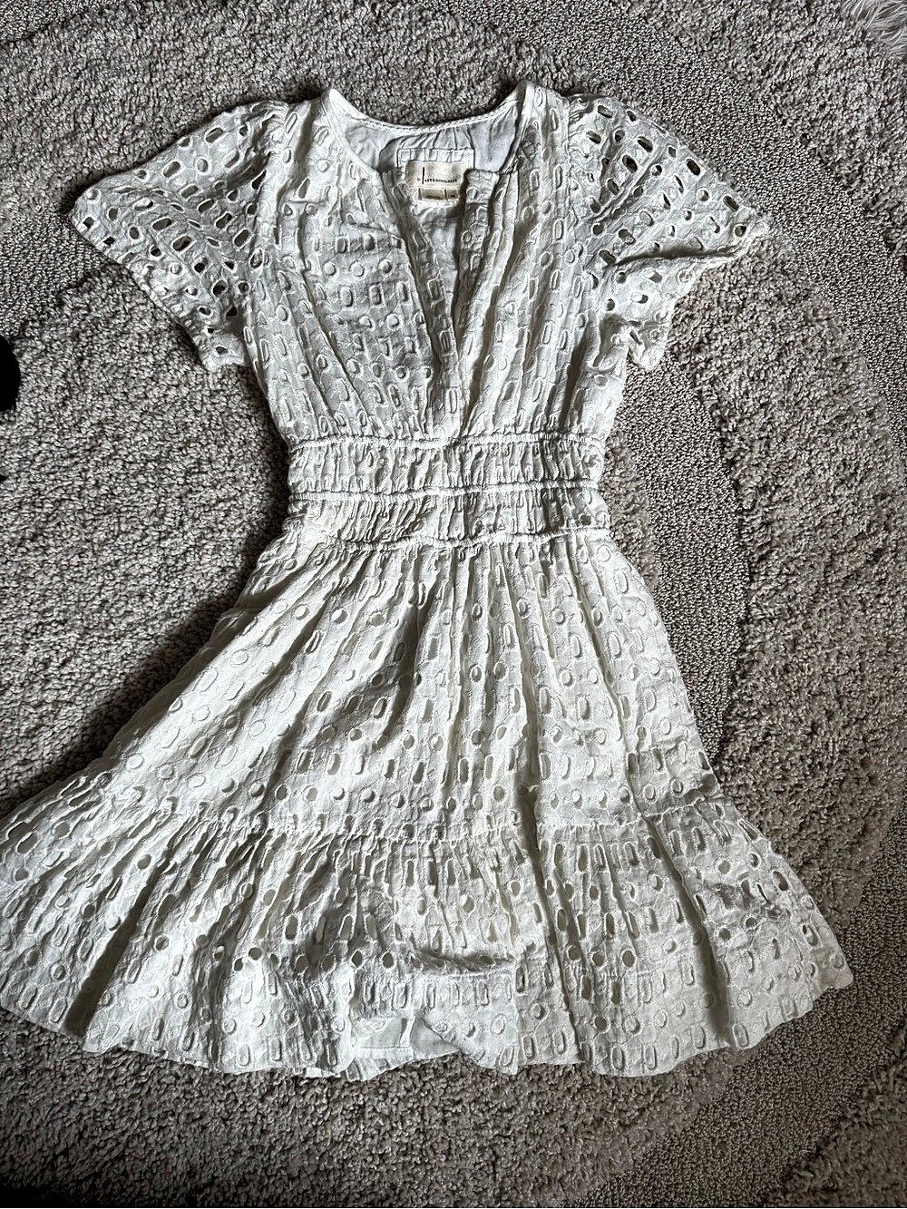 Anthropologie Somerset Mini Dress Eyelet Flutter-Sleeve V-Neck Mini Dress White